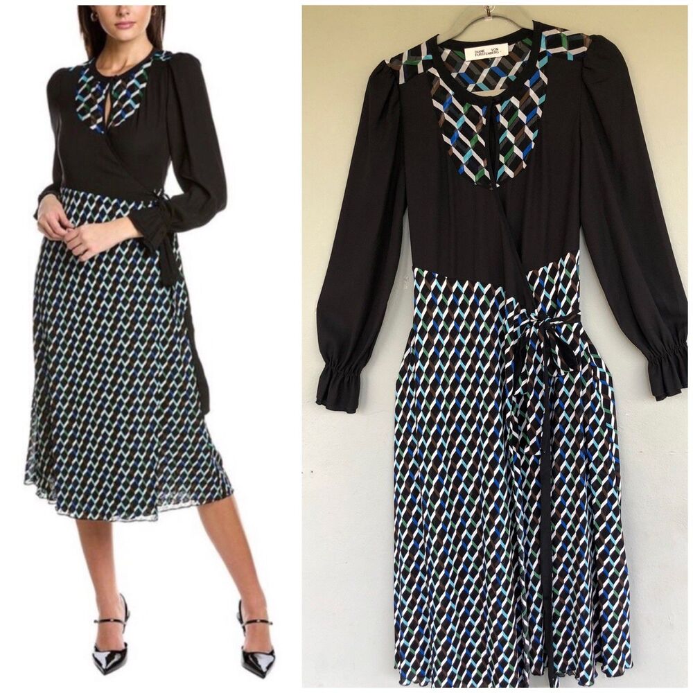 Diane Von Furstenberg Caroline Crepe Printed Wrap Midi Dress M Black Long Sleeve